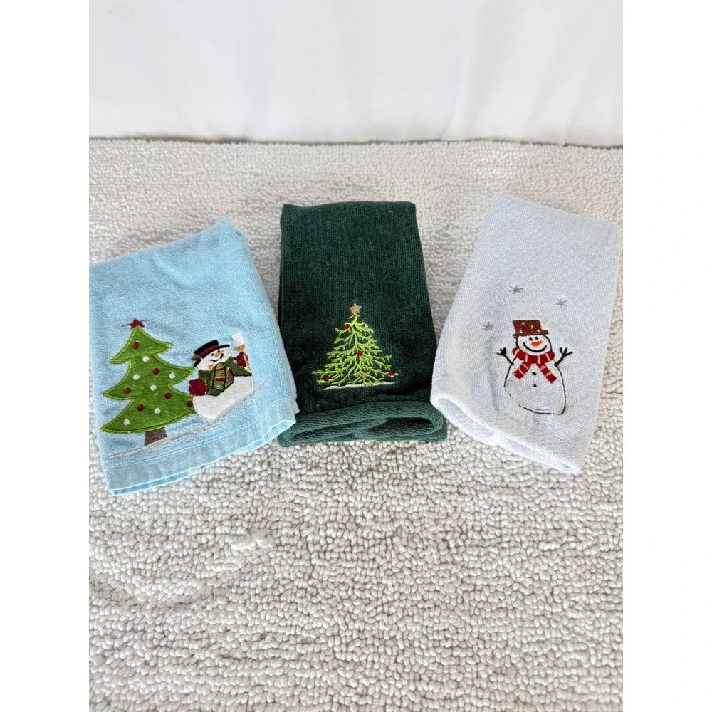VTG‎ Christmas Tea Towels Set of 3 Snowman Tree Embroidered Holiday Decor